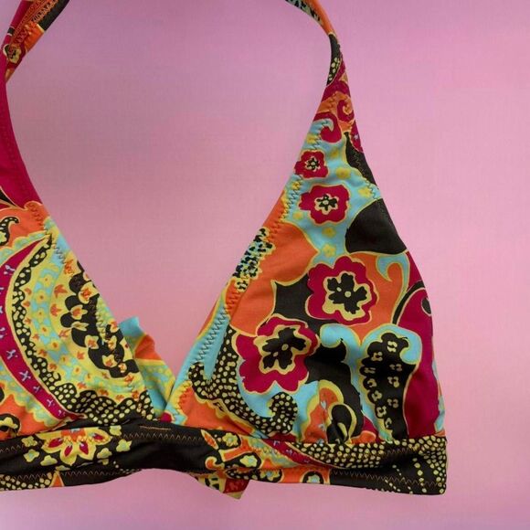 y2k coconut girl style multicolor orange paisley floral halter tie bikini top🎀 - Picture 5 of 7